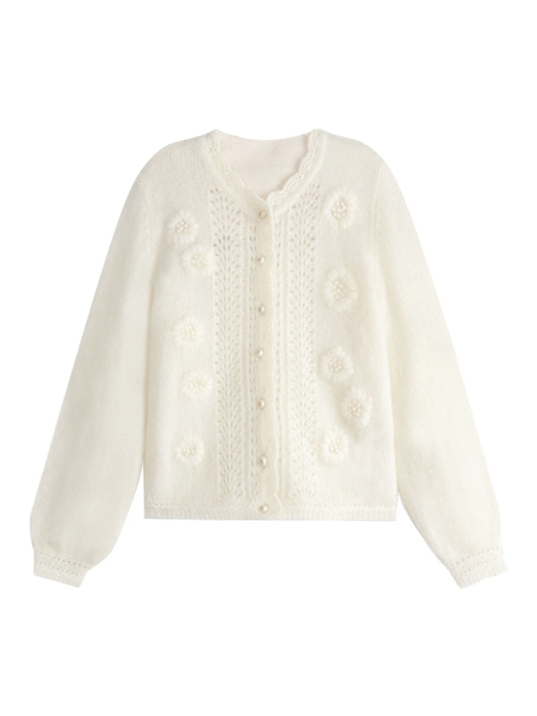 Mohair a vlna cardigan háčkovaným vzorom, okrúhly výstrih, dlhé rukávy, zapínanie na jedno tlačidlo