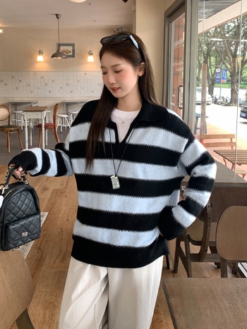 Ženski pleteni džemper s reverom u korejskom stilu, prugasti patchwork i color-block dizajn, opuštena silueta, jesen 2026
