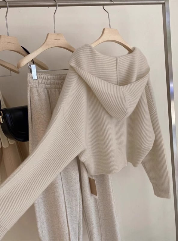 Ženski kapuljačasti pleteni džemper-jakna, opuštenog kroja, kratkog modela, V-izrez, rukavi princezastog tipa (polyester vlakna, 30-50% sadržaj, jesen 2024)