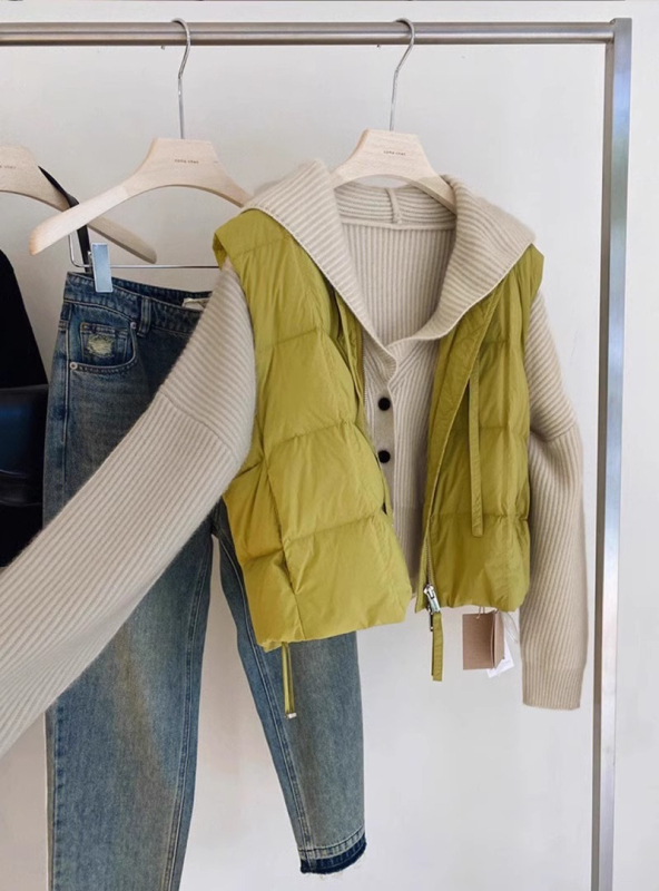 Ženski kapuljačasti pleteni džemper-jakna, opuštenog kroja, kratkog modela, V-izrez, rukavi princezastog tipa (polyester vlakna, 30-50% sadržaj, jesen 2024)