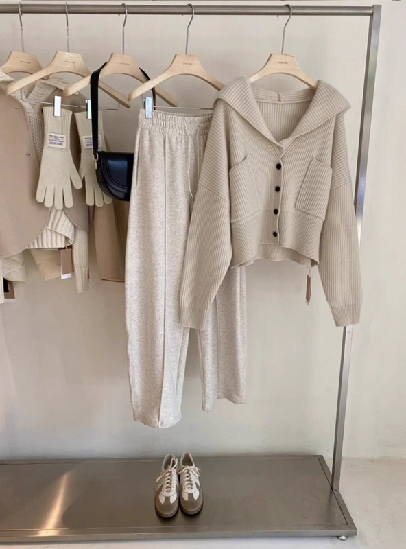 Ženski kapuljačasti pleteni džemper-jakna, opuštenog kroja, kratkog modela, V-izrez, rukavi princezastog tipa (polyester vlakna, 30-50% sadržaj, jesen 2024)