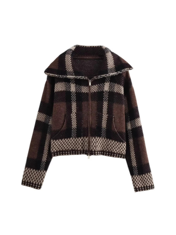 Kockasti kardigan, kratka dužina, dugi rukavi, Jacquard pletenina, poliester tkanina