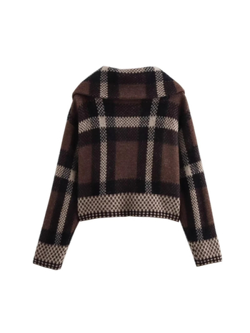 Kockasti kardigan, kratka dužina, dugi rukavi, Jacquard pletenina, poliester tkanina