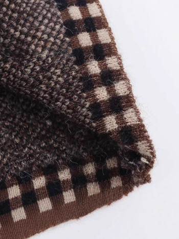 Kockasti kardigan, kratka dužina, dugi rukavi, Jacquard pletenina, poliester tkanina
