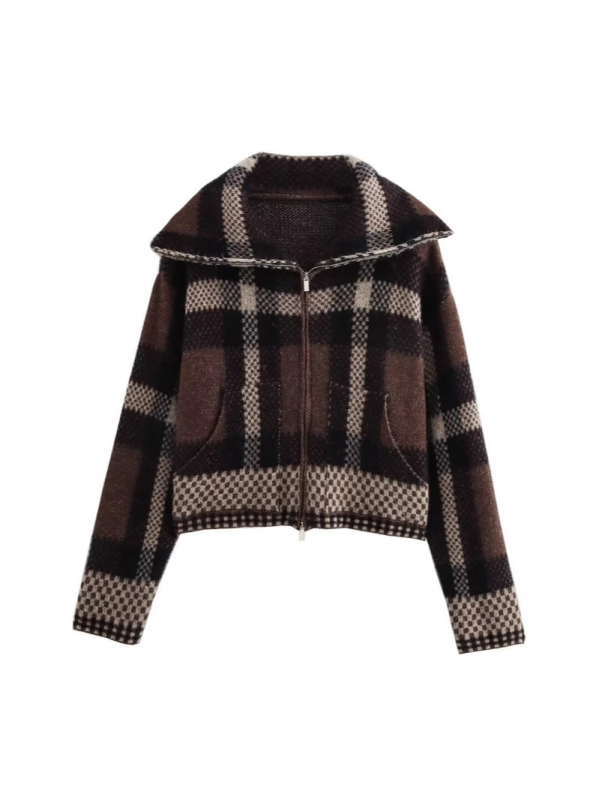 Kockasti kardigan, kratka dužina, dugi rukavi, Jacquard pletenina, poliester tkanina