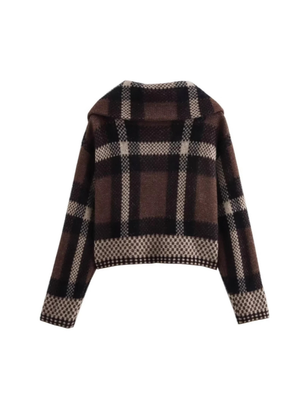 Kockasti kardigan, kratka dužina, dugi rukavi, Jacquard pletenina, poliester tkanina