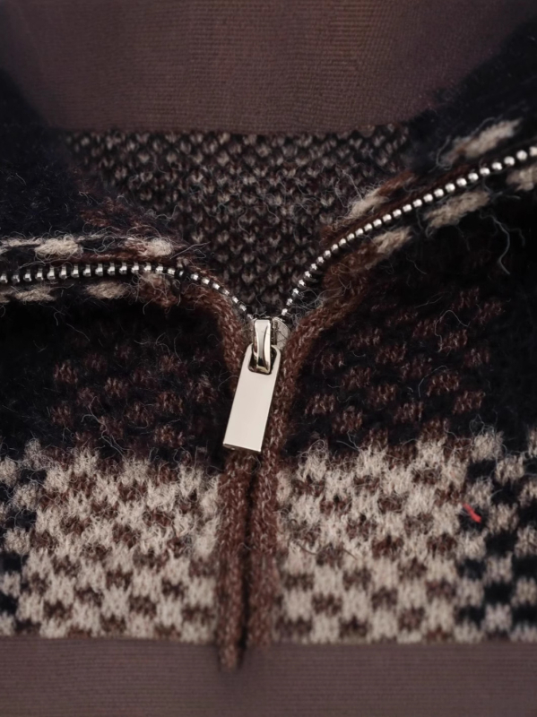 Kockasti kardigan, kratka dužina, dugi rukavi, Jacquard pletenina, poliester tkanina