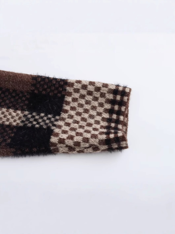 Kockasti kardigan, kratka dužina, dugi rukavi, Jacquard pletenina, poliester tkanina