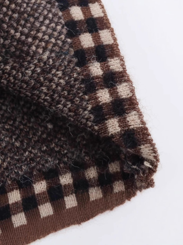 Kockasti kardigan, kratka dužina, dugi rukavi, Jacquard pletenina, poliester tkanina