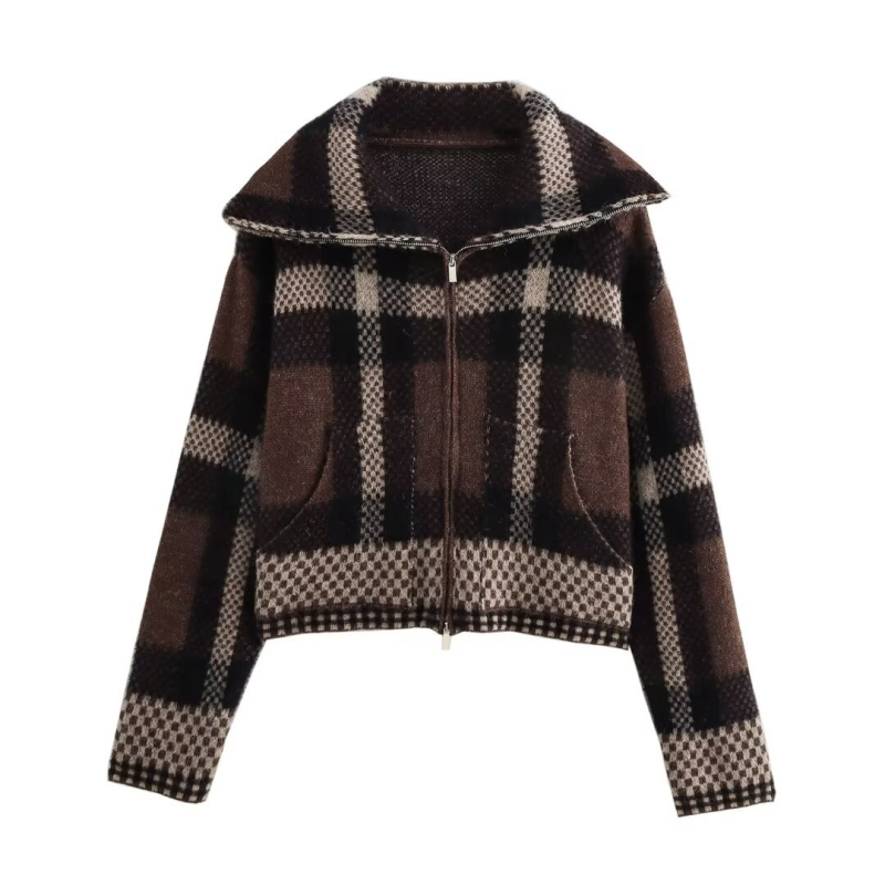 Kockasti kardigan, kratka dužina, dugi rukavi, Jacquard pletenina, poliester tkanina