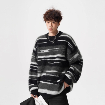 Unisex πλεκτό πουλόβερ, στρογγυλός λαιμός, μακριά μανίκια, χαλαρή γραμμή, ριγέ σχέδιο