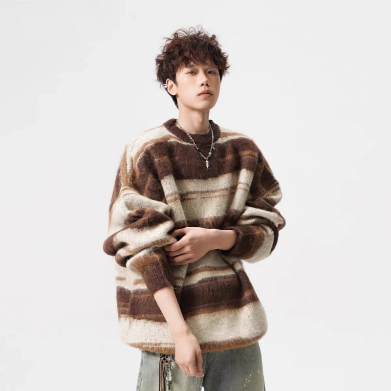 Unisex πλεκτό πουλόβερ, στρογγυλός λαιμός, μακριά μανίκια, χαλαρή γραμμή, ριγέ σχέδιο