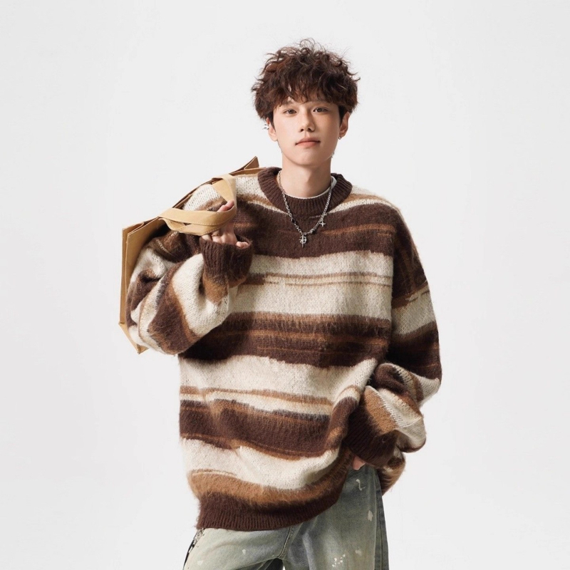 Unisex πλεκτό πουλόβερ, στρογγυλός λαιμός, μακριά μανίκια, χαλαρή γραμμή, ριγέ σχέδιο