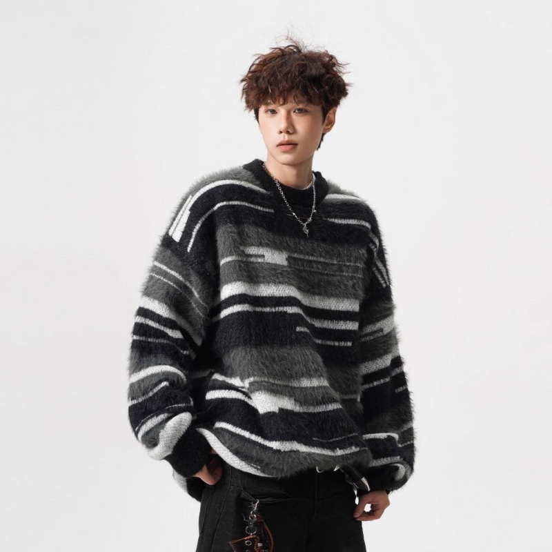 Unisex πλεκτό πουλόβερ, στρογγυλός λαιμός, μακριά μανίκια, χαλαρή γραμμή, ριγέ σχέδιο