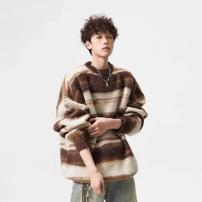 Unisex πλεκτό πουλόβερ, στρογγυλός λαιμός, μακριά μανίκια, χαλαρή γραμμή, ριγέ σχέδιο