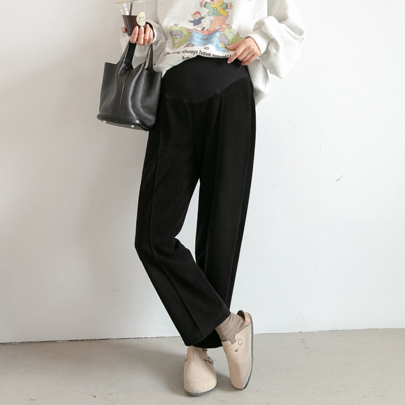 Nėščiųjų kelnės, vidurio juosta, laisvas tiesios formos, pilvo palaikymas, flisinė apdaila, rudens–žiema, poliesterio pluoštas su 80-90% elastano