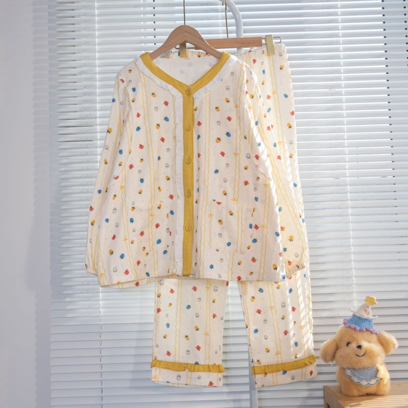 Nėštumo ir žindymo pižamos komplektas - 100% medvilnė, trijų sluoksnių musliinas, ilgomis rankovėmis, kelnės, reguliuojamas prieš gimdymą ir po jo