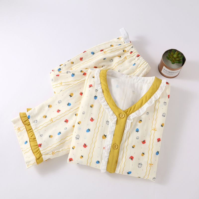 Nėštumo ir žindymo pižamos komplektas - 100% medvilnė, trijų sluoksnių musliinas, ilgomis rankovėmis, kelnės, reguliuojamas prieš gimdymą ir po jo