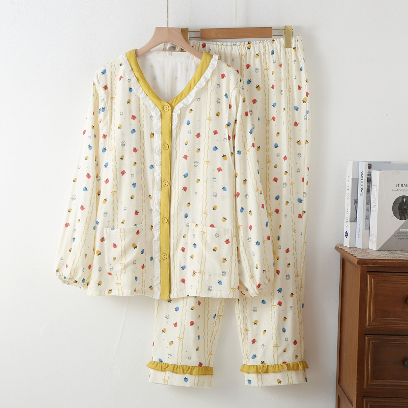 Nėštumo ir žindymo pižamos komplektas - 100% medvilnė, trijų sluoksnių musliinas, ilgomis rankovėmis, kelnės, reguliuojamas prieš gimdymą ir po jo