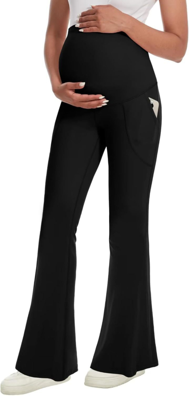 Nėščiųjų kelnes su aukštu liemeniu ir platėjančiomis kojomis jogai, pilvo parama, poliesteris/spandeksas (70–80%/<30%), pavasaris