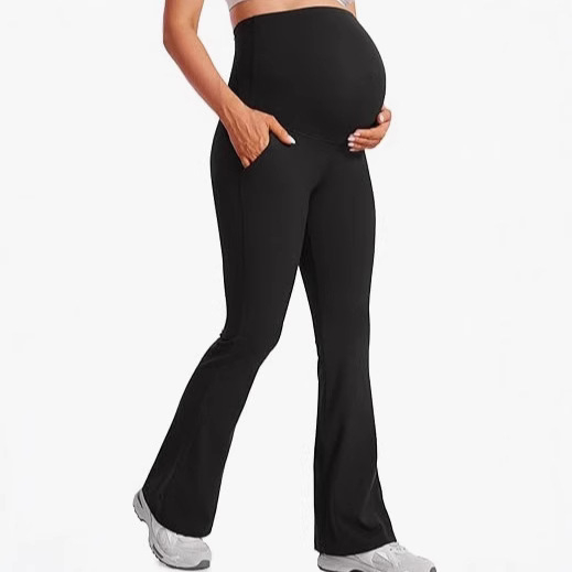 Nėščiųjų kelnes su aukštu liemeniu ir platėjančiomis kojomis jogai, pilvo parama, poliesteris/spandeksas (70–80%/<30%), pavasaris