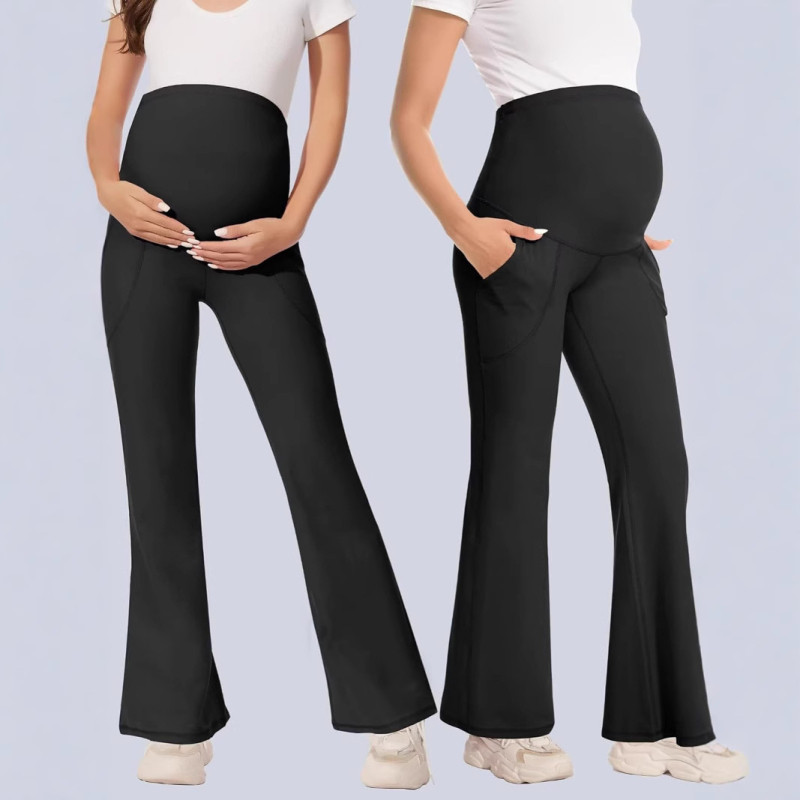 Nėščiųjų kelnes su aukštu liemeniu ir platėjančiomis kojomis jogai, pilvo parama, poliesteris/spandeksas (70–80%/<30%), pavasaris