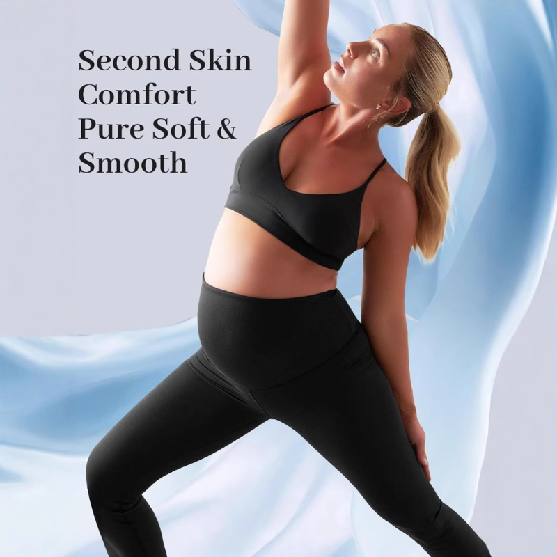 Nėščiųjų kelnes su aukštu liemeniu ir platėjančiomis kojomis jogai, pilvo parama, poliesteris/spandeksas (70–80%/<30%), pavasaris