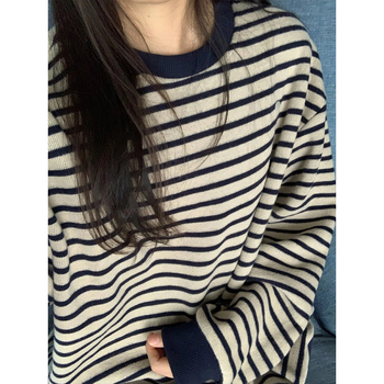 Ženski prugasti pulover bez kapuljače, slobodan kroj, okrugli izrez, dugi rukavi, gradski stil