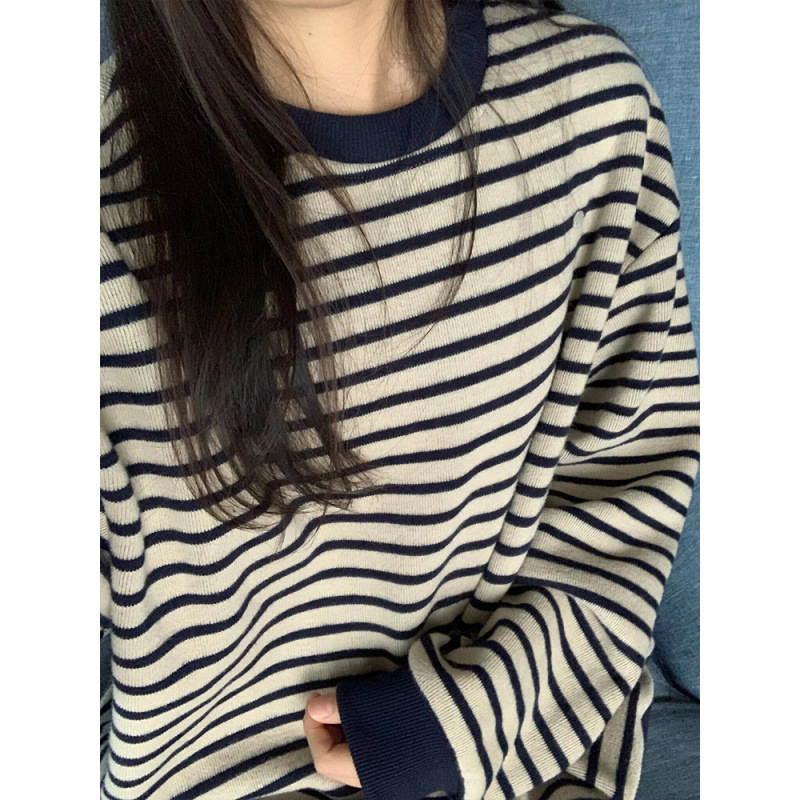 Ženski prugasti pulover bez kapuljače, slobodan kroj, okrugli izrez, dugi rukavi, gradski stil
