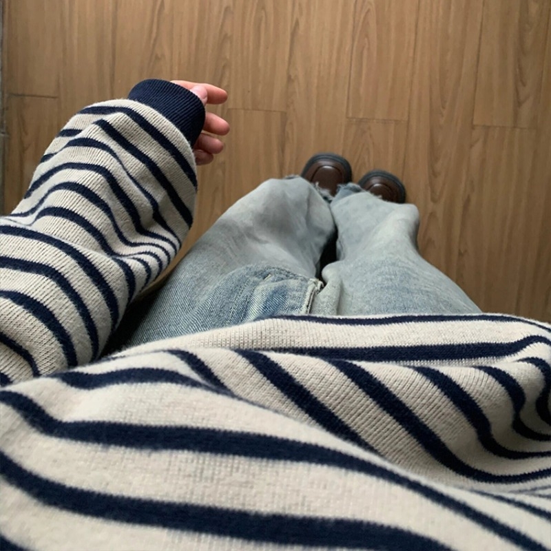 Ženski prugasti pulover bez kapuljače, slobodan kroj, okrugli izrez, dugi rukavi, gradski stil