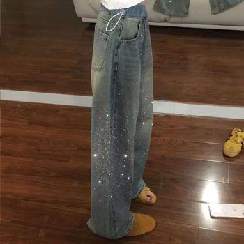Nėštiesiems džinsai su žvaigždžių rhinestones, tankus žiemos stilius, laisvas kirpimas, plačios kelnės, aukštas juosmuo su raišteliu