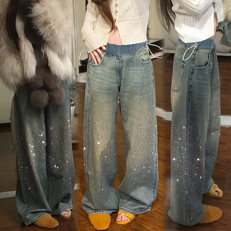 Nėštiesiems džinsai su žvaigždžių rhinestones, tankus žiemos stilius, laisvas kirpimas, plačios kelnės, aukštas juosmuo su raišteliu
