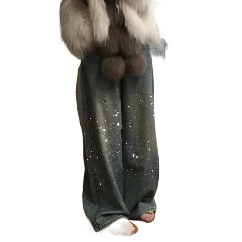 Nėštiesiems džinsai su žvaigždžių rhinestones, tankus žiemos stilius, laisvas kirpimas, plačios kelnės, aukštas juosmuo su raišteliu