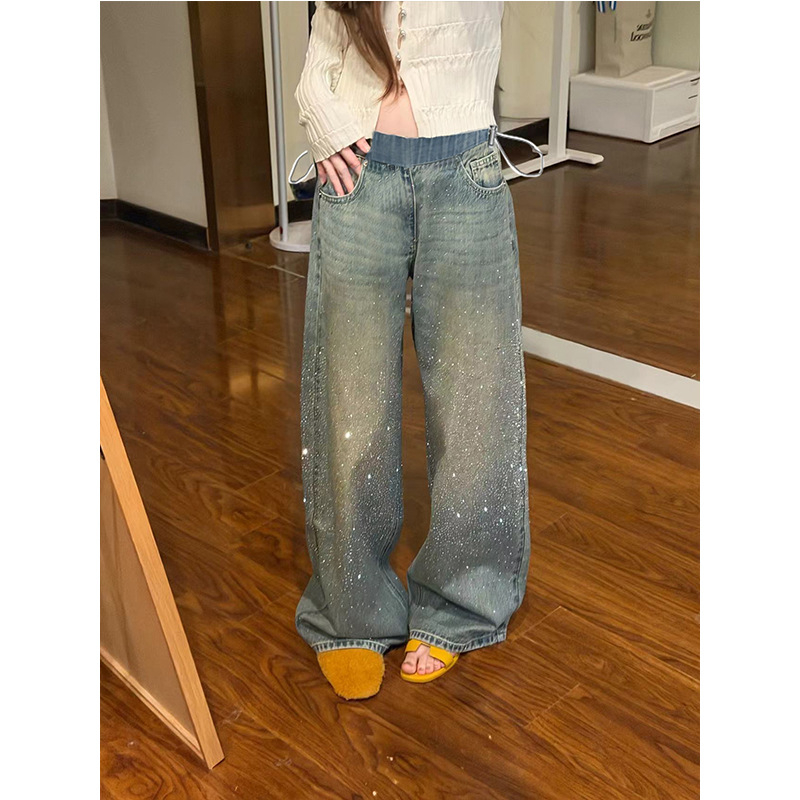 Nėštiesiems džinsai su žvaigždžių rhinestones, tankus žiemos stilius, laisvas kirpimas, plačios kelnės, aukštas juosmuo su raišteliu