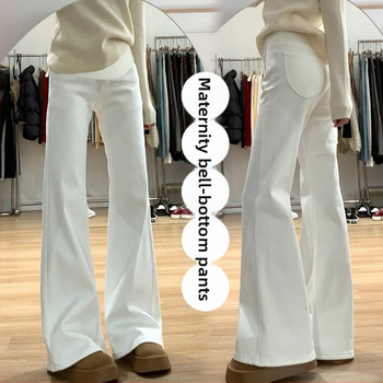 Nėščiųjų džinsai denim su platėjančiu kirpimu, ilgis iki grindų, laisvas kirpimas, pilvo palaikymo funkcija, vidutinio tankio audinys.