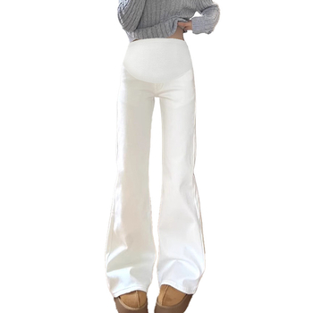 Nėščiųjų džinsai denim su platėjančiu kirpimu, ilgis iki grindų, laisvas kirpimas, pilvo palaikymo funkcija, vidutinio tankio audinys.