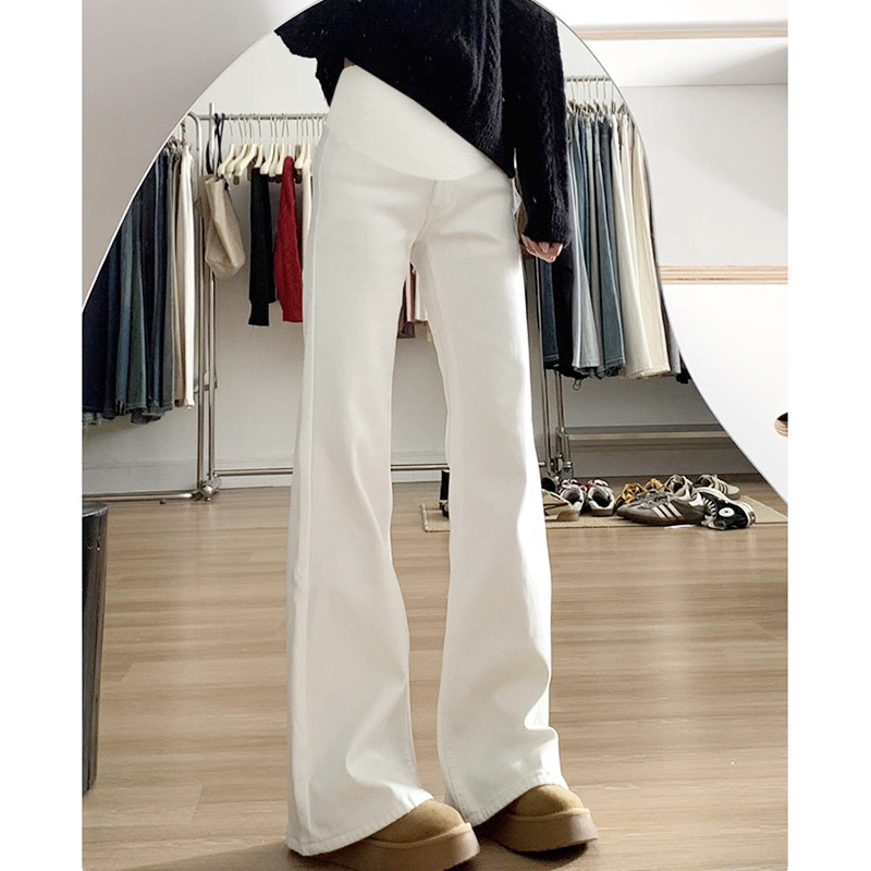 Nėščiųjų džinsai denim su platėjančiu kirpimu, ilgis iki grindų, laisvas kirpimas, pilvo palaikymo funkcija, vidutinio tankio audinys.