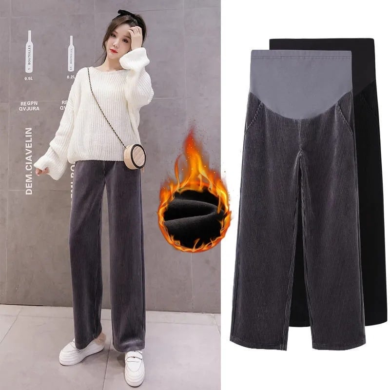 Nėščiųjų plačių kelnių iš velūro, viduje fliso pamušalas, šiltos rudens–žiemos, pilvo panelė, poliesterio-elastano mišinys