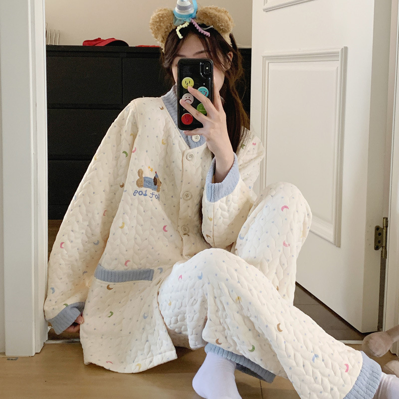 Nėščiųjų pižamos komplektas žindymui iš Air Cotton audinio, 100% poliesteris, mielas stilius, ilgos rankovės