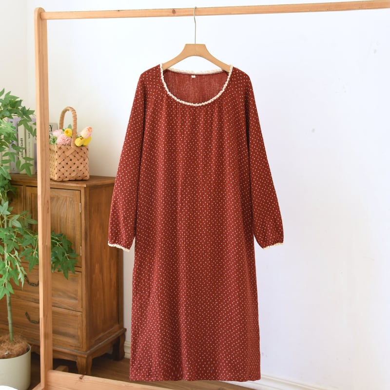 Nėščiai suknelė su ilgomis rankovėmis - 100% medvilnė, crepe dvigubo gauzės audinys, apvalus kaklo iškirptė, keturiems metų laikams namų drabužiai