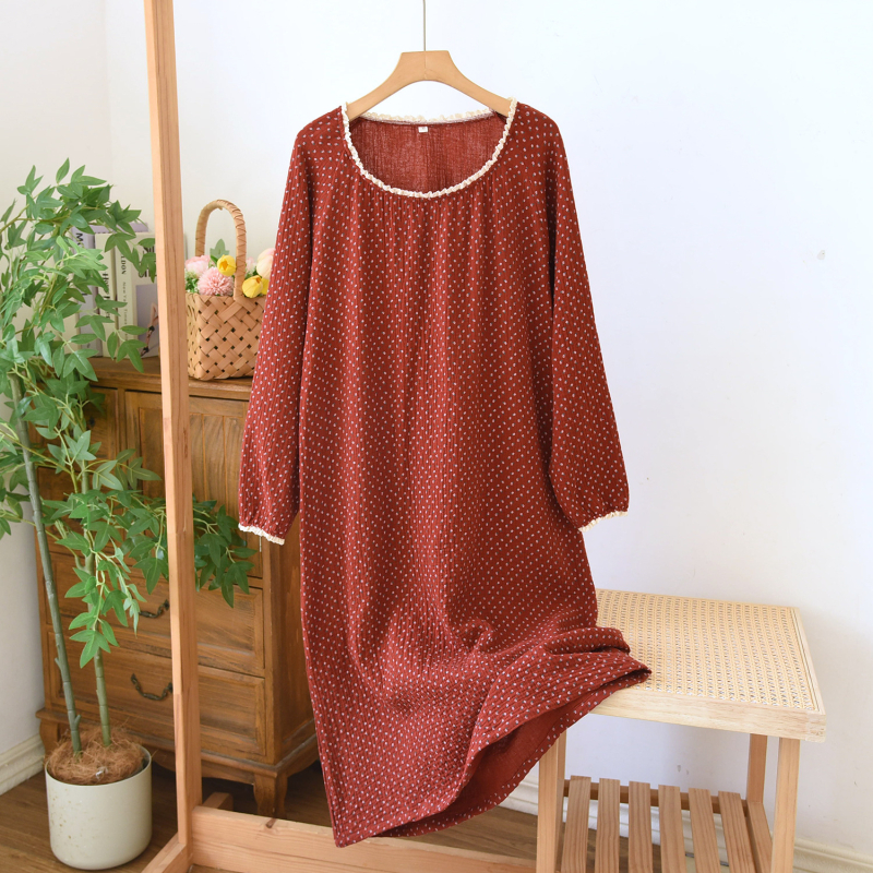 Nėščiai suknelė su ilgomis rankovėmis - 100% medvilnė, crepe dvigubo gauzės audinys, apvalus kaklo iškirptė, keturiems metų laikams namų drabužiai