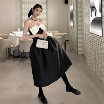 Bez plecu siksnas prom kleita, A līnija, augsts jostasvietā, midi garums, poliester, elegants stils