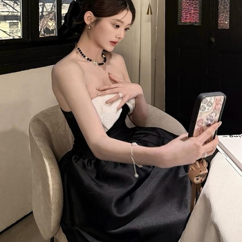 Bez plecu siksnas prom kleita, A līnija, augsts jostasvietā, midi garums, poliester, elegants stils