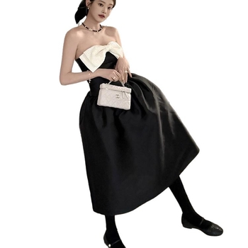 Bez plecu siksnas prom kleita, A līnija, augsts jostasvietā, midi garums, poliester, elegants stils