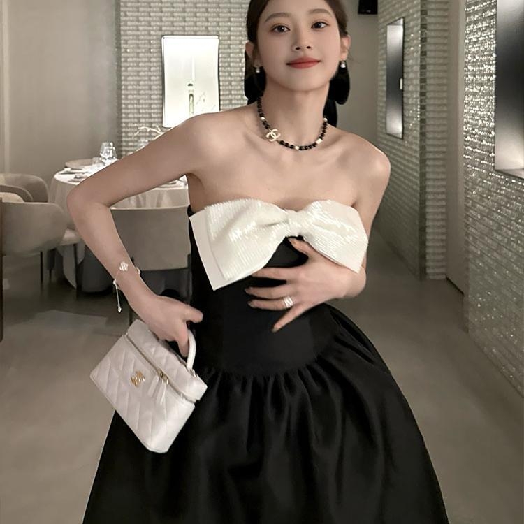 Bez plecu siksnas prom kleita, A līnija, augsts jostasvietā, midi garums, poliester, elegants stils