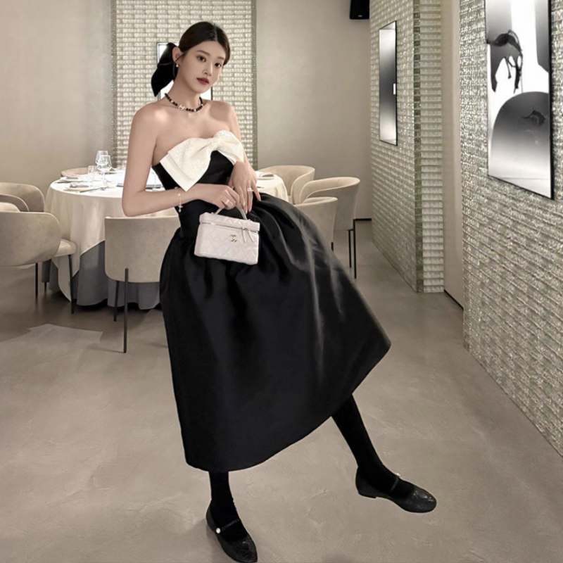 Bez plecu siksnas prom kleita, A līnija, augsts jostasvietā, midi garums, poliester, elegants stils