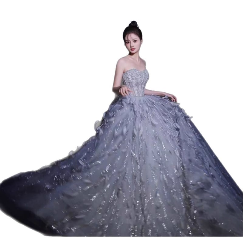 Бална рокля с пера, без презрамки, А‑линия, дълга пола, полиестер