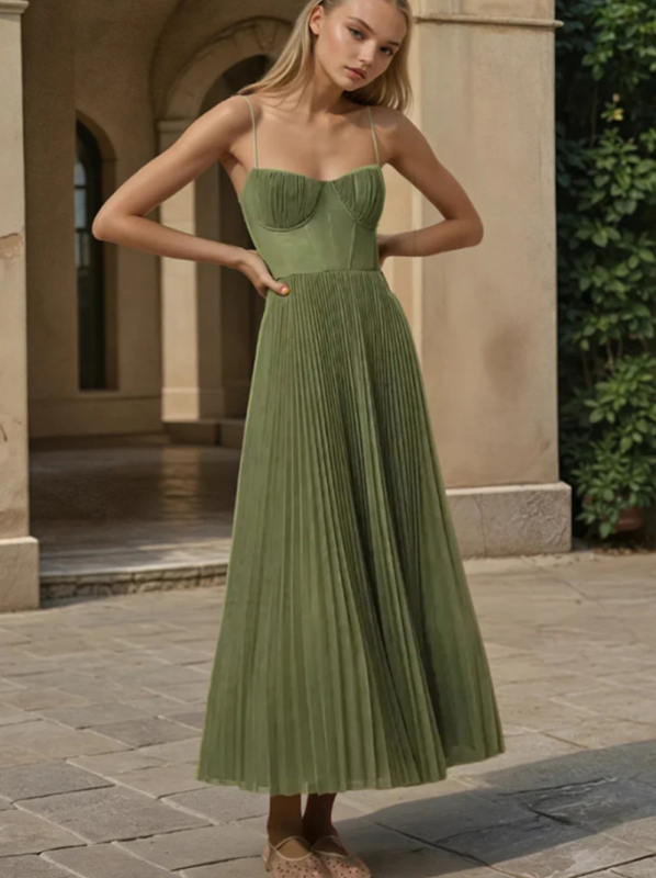 Estélyi ruha hát nélküli, mély V-nyakkal, hosszú ujjú, magas derékkal, midi hosszúságú pliszolt poliészterből