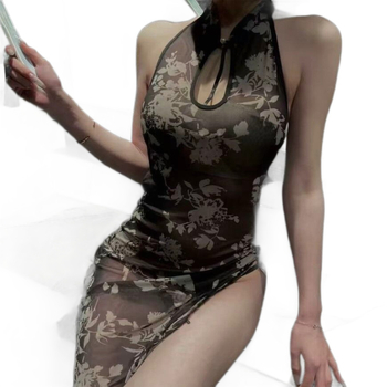 Cheongsam permatoma naktinė suknelė be peties su įpjova, poliesteris, pavasaris 2025