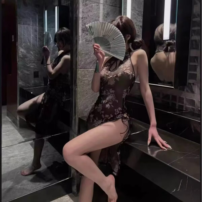 Cheongsam permatoma naktinė suknelė be peties su įpjova, poliesteris, pavasaris 2025